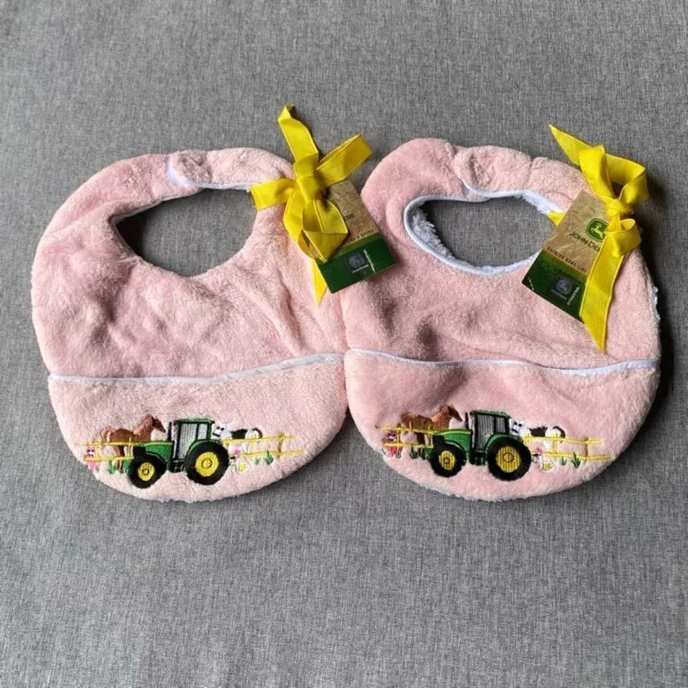 2 Pack John Deere Infant Embroidered Farm Animals Pink Plush Bib